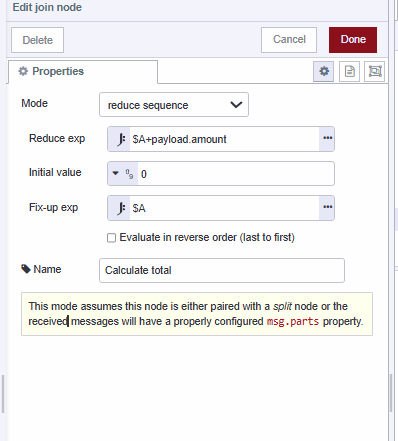 "Screenshot displaying the join node calculating the total income and expense data"