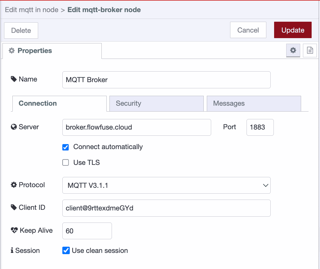 Screenshot showing the configuration of Sparkplug broker config node